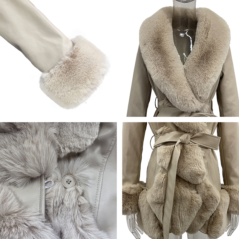 Jaket Kerah Bulu Rubah Palsu Musim Gugur Musim Dingin Mode Trendi Mantel Solid Elegan Wanita Sabuk Dasi Jaket Ramping Wanita