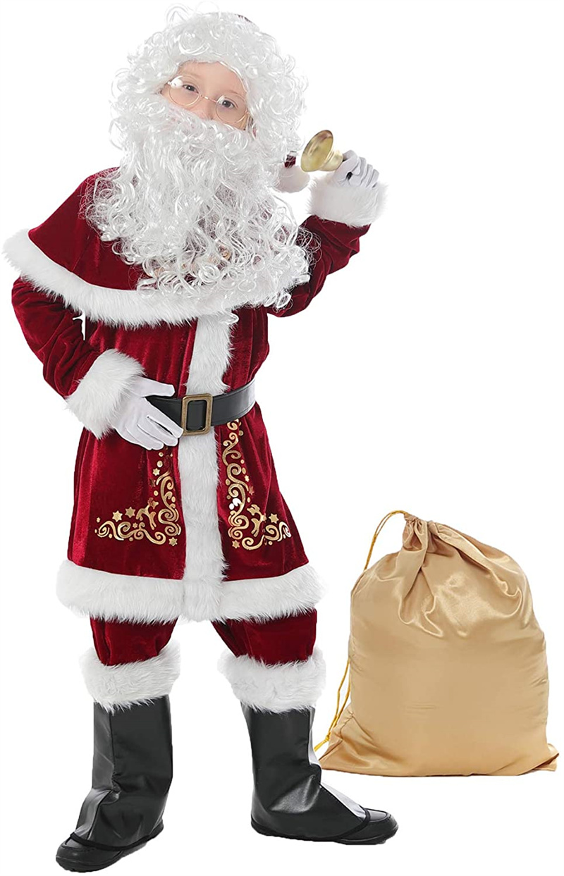男サンタクローススーツ大人のクリスマスコスプレ衣装レッドデラックスベルベットファンシー 8 個セットクリスマスパーティーファミリーコスチューム衣装