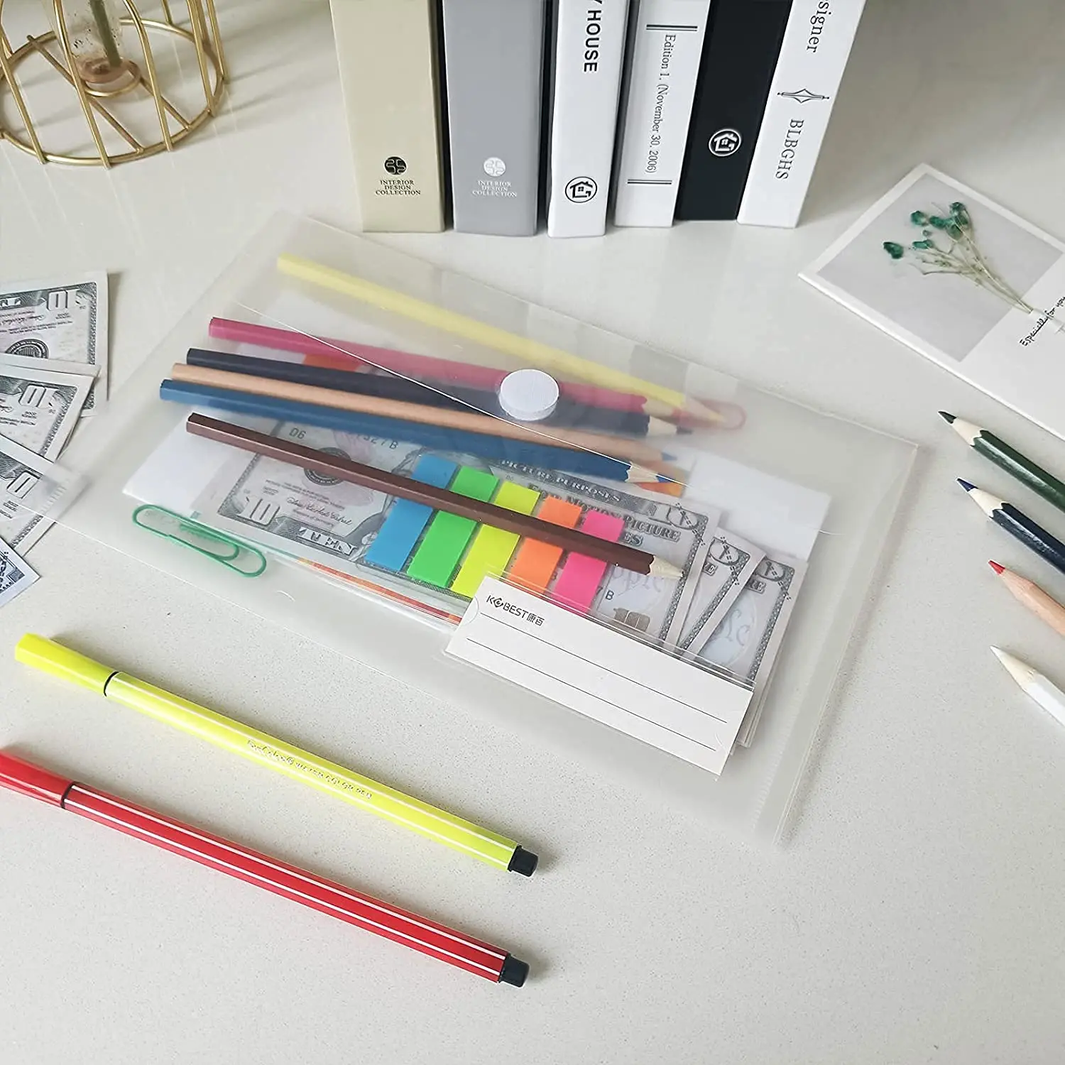 12pcs A5 Large Plastic Clear Envelopes Folder with Hook & Loop Closure 15x25cm Invoice Receipt Cash Organizers with Label Pocket