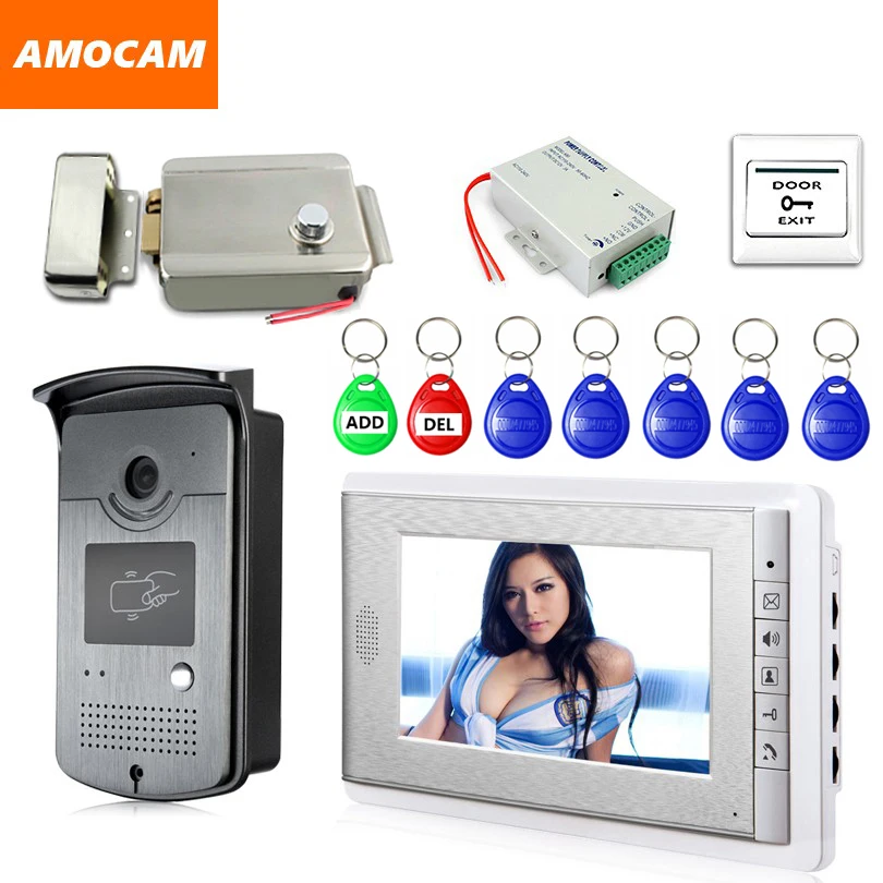 Kit de videoportero de 7 "con llaveros de identificación + cerradura eléctrica + fuente de alimentación + salida de puerta para sistema de videoportero con timbre de villa