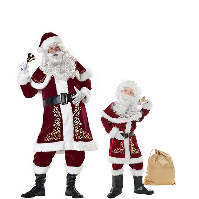 男サンタクローススーツ大人のクリスマスコスプレ衣装レッドデラックスベルベットファンシー 8 個セットクリスマスパーティーファミリーコスチューム衣装
