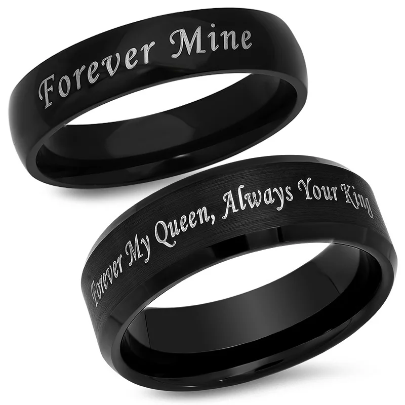 Vnox-anillo central de acero inoxidable con borde biselado para hombre y mujer, banda de boda negra, nombre personalizado, Letra y fecha