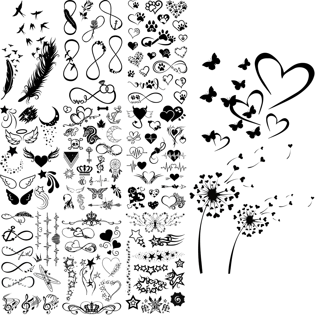 Tatuajes temporales de amor de diente de león para mujeres y niños, huellas de plumas realistas, alas infinitas, tatuajes falsos, tatuajes corporales