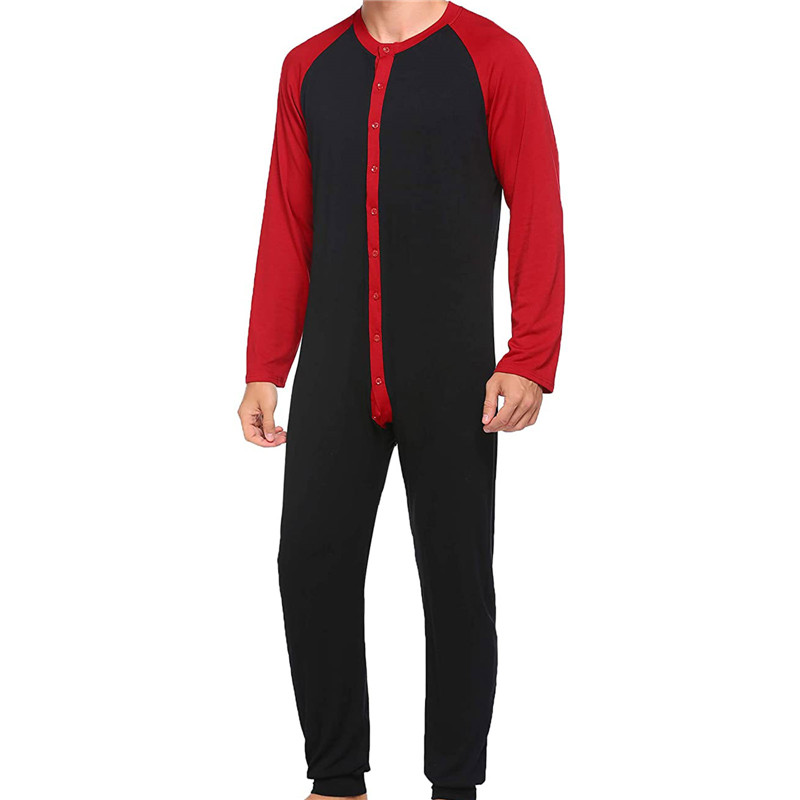 Ropa de dormir de manga larga para hombre, pijama de una pieza de retales con bloques de colores, ropa de casa informal, camisón con botones, mono, 2021