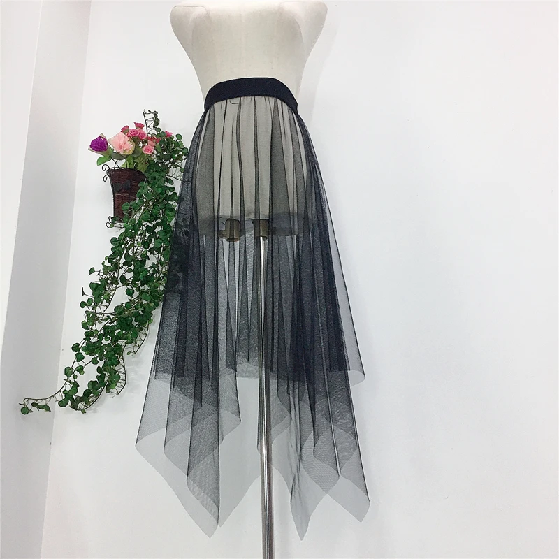 Falda plisada de malla transparente para mujer, tutú de tul de cintura alta, falda negra larga Irregular para niñas, faldas de estilo coreano