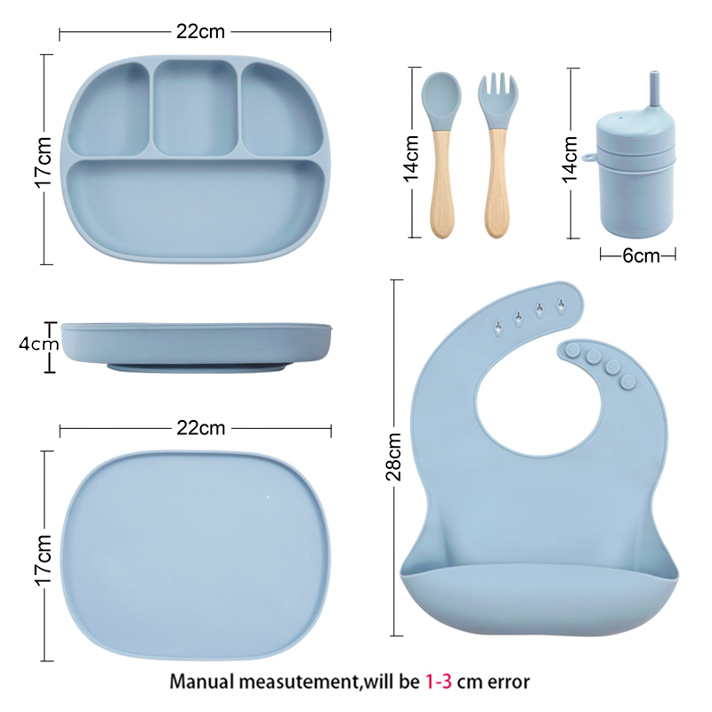 Utensílios de mesa dobráveis para bebês com sucção, conjunto de pratos de comida sólida, tampa, garrafa, copo de palha, utensílios de mesa para crianças