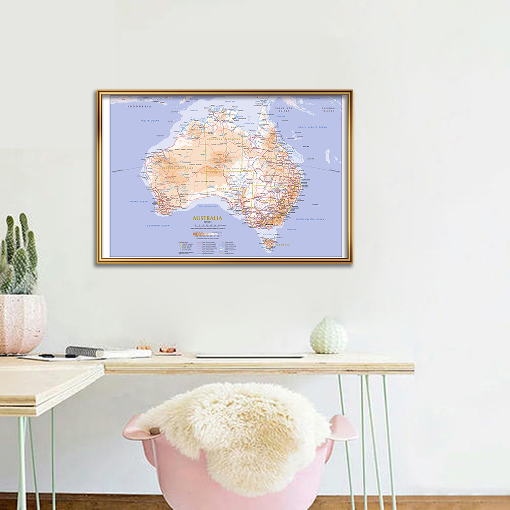 59*42Cm Địa Hình Và Tuyến Giao Thông Bản Đồ Của Úc Tranh Canvas Trang Treo Tường Dùng Học Lớp Học trang Trí Nhà Cửa