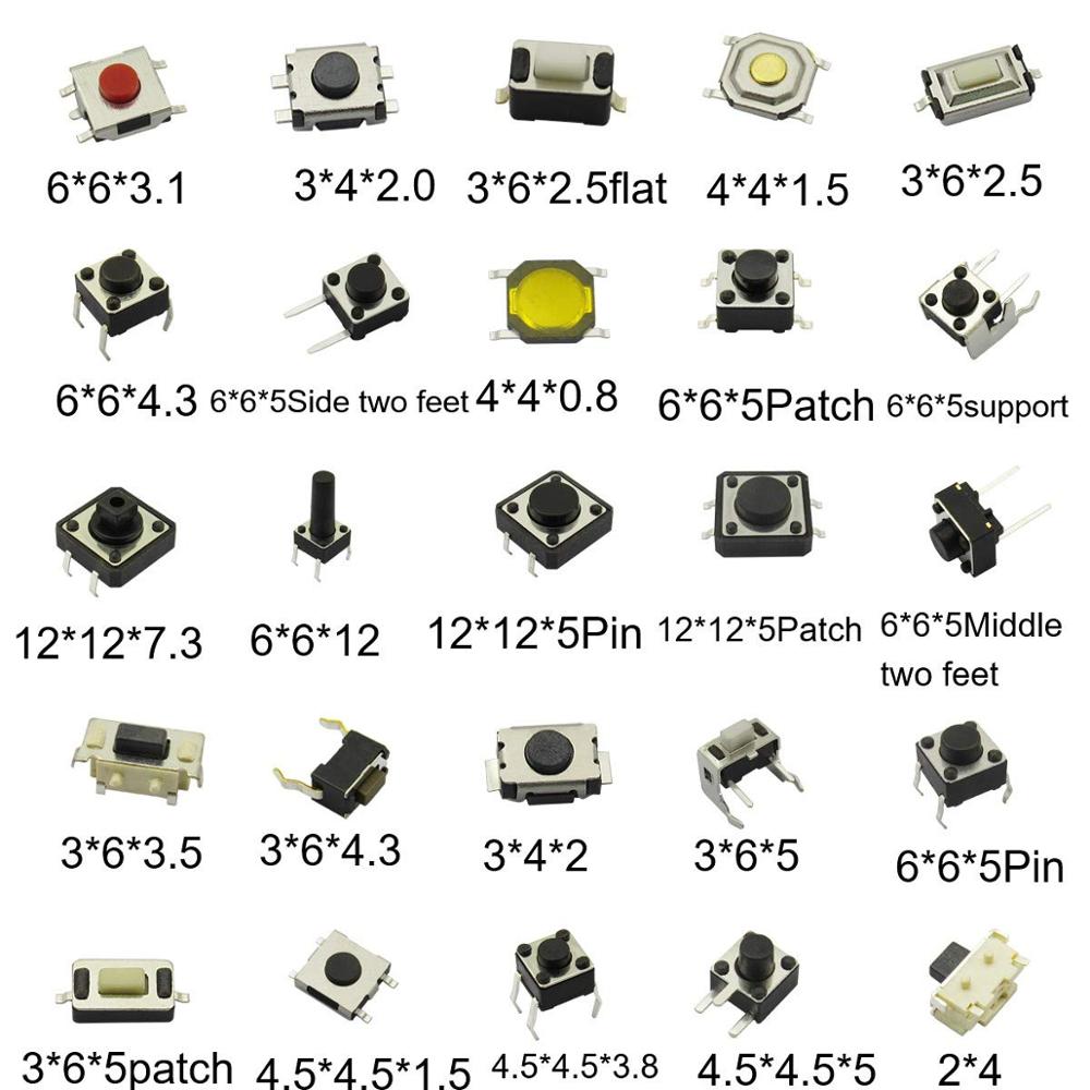 250 pçs/caixa micro interruptor sortido botão tátil interruptores redefinição 25 tipos mini interruptor de folha smd dip 2*4 3*6 4*4 6*6 kit diy