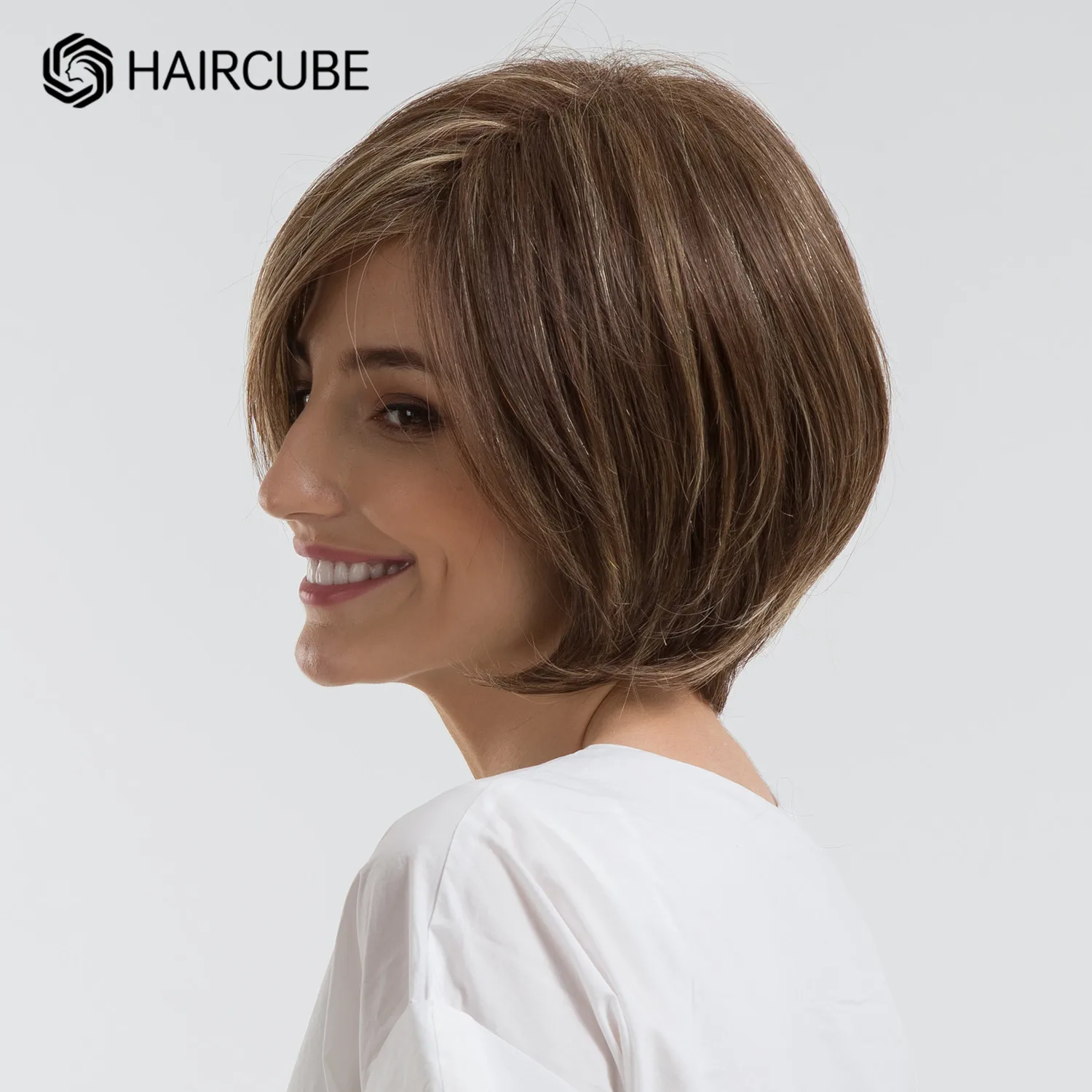HAIRCUBE Pha Nâu Ngắn Tổng Hợp Bộ Tóc Giả Với Nổ Nhiệt Độ Cao Thẳng Bob Tóc Giả Blend 30% Tóc Tóc Giả Dành Cho Nữ