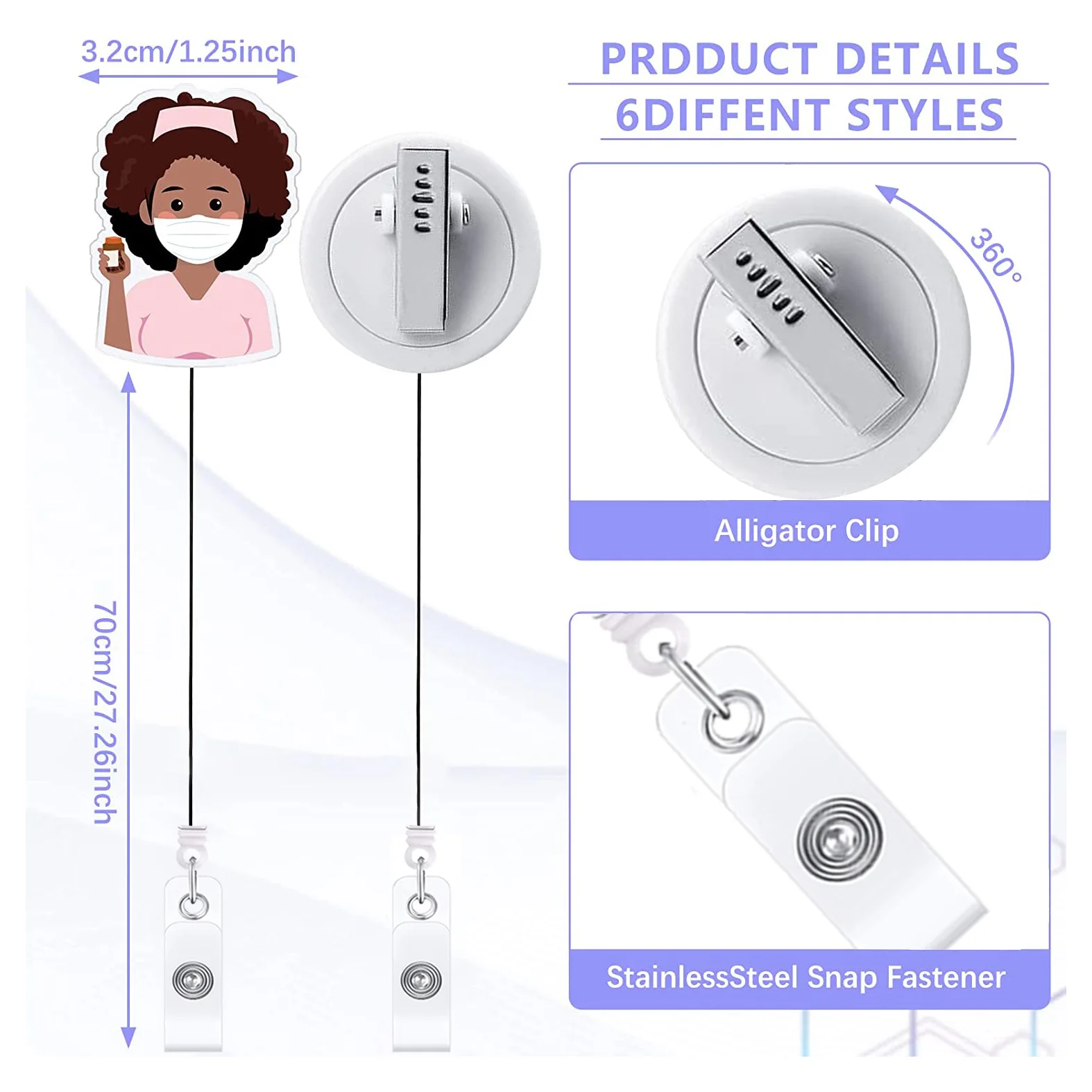 ใหม่น่ารักอะคริลิคหมีพยาบาลพยาบาลโรงพยาบาล Badge Reel Retractable ID Badge Holder 360หมุนคลิปจระเข้ชื่อผู้ถือ