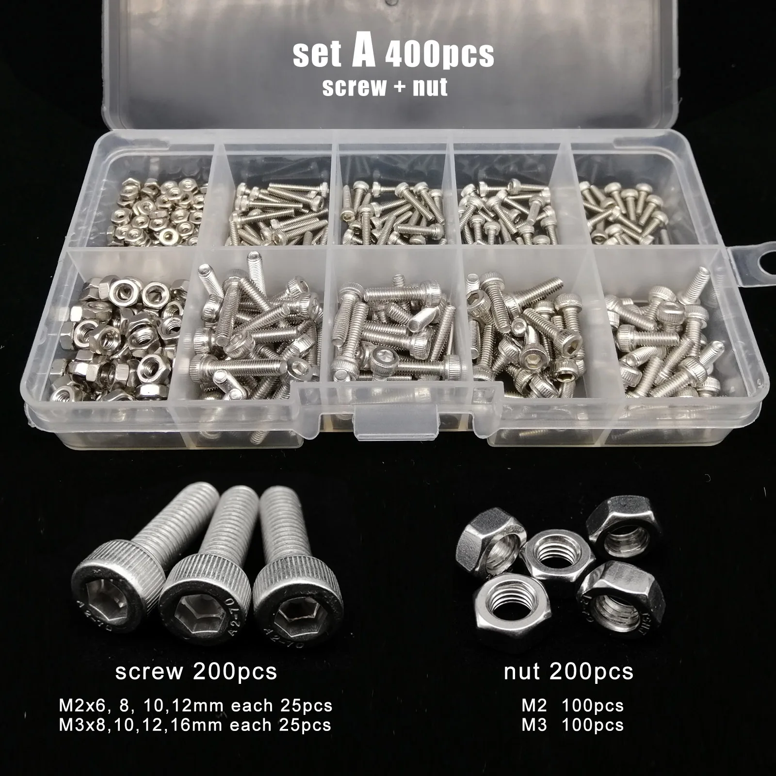 รวม 400/650/1140/2100X M1.6 M2 M2.5 M3 M4 M5 304 สแตนเลสสตีลHexagon Hex Socket CapหัวสกรูBolt NutชุดAssortment Kit