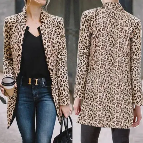 Chaquetas de longitud media con estampado de leopardo para mujer, chaqueta Sexy de manga larga, Tops de otoño, moda OL, gran oferta