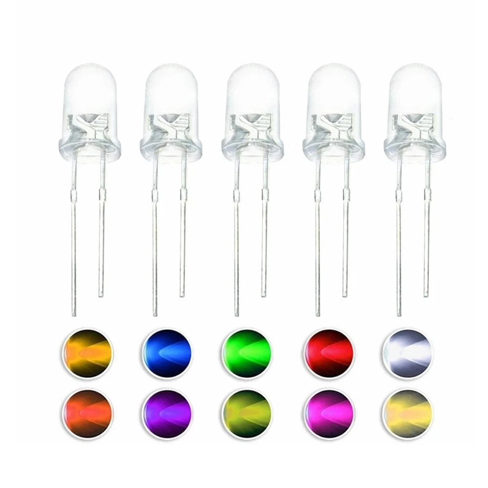 100 Uds 5mm diodo LED 5 mm Kit surtido blanco verde rojo azul amarillo naranja rosa púrpura blanco cálido DIY diodo emisor de luz
