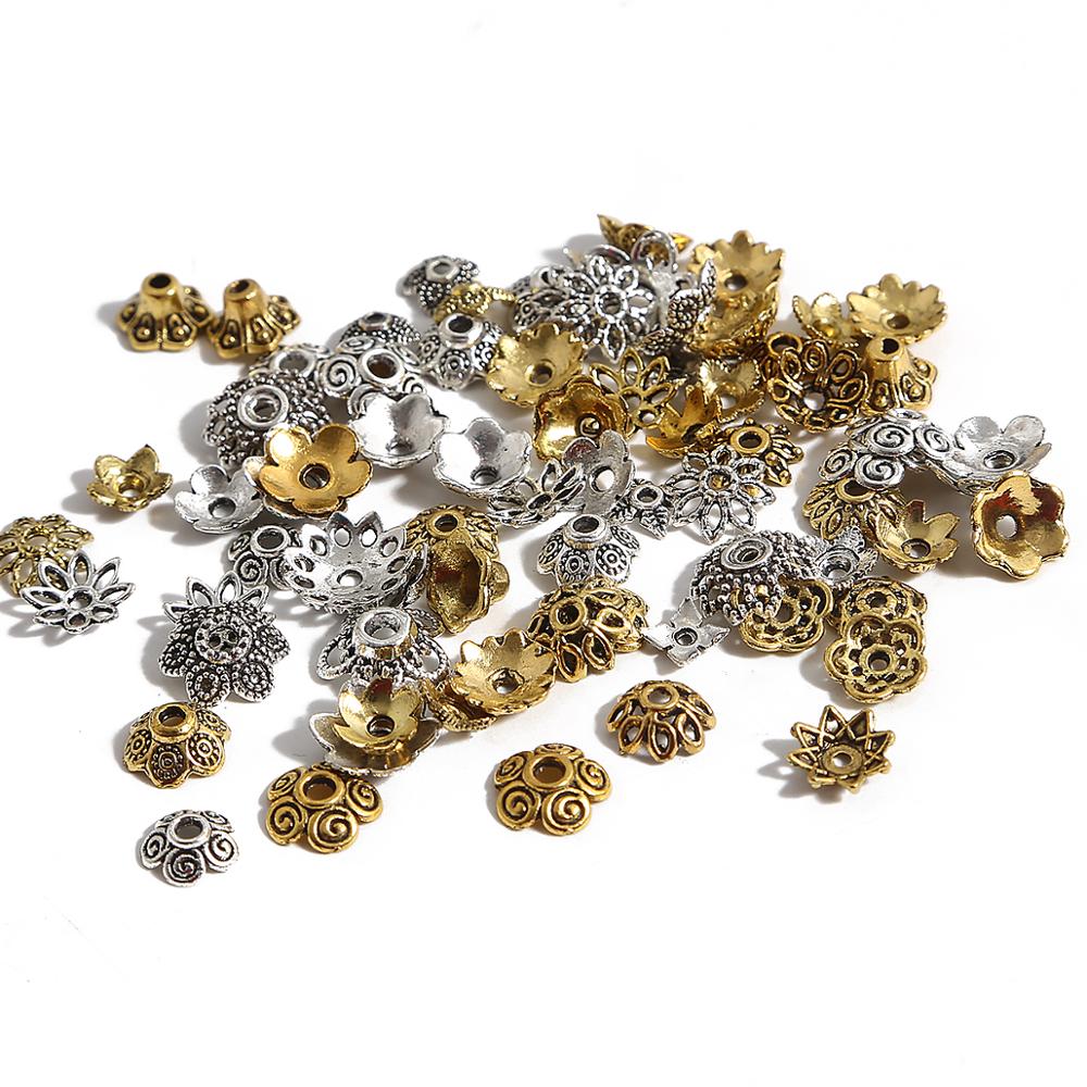50 個チベットアンティークシルバーカラー金箔フラワービーズエンドキャップジュエリーメイキング用針仕事スペーサービーズキャップ DIY アクセサリー