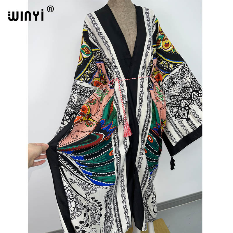 WINYI ชุดฤดูใบไม้ผลิ2021ผู้หญิงกิโมโน Cardigan Stitch Robe ค็อกเทล Sexcy Boho Maxi แอฟริกันวันหยุด Batwing ผ้าไหม Robe