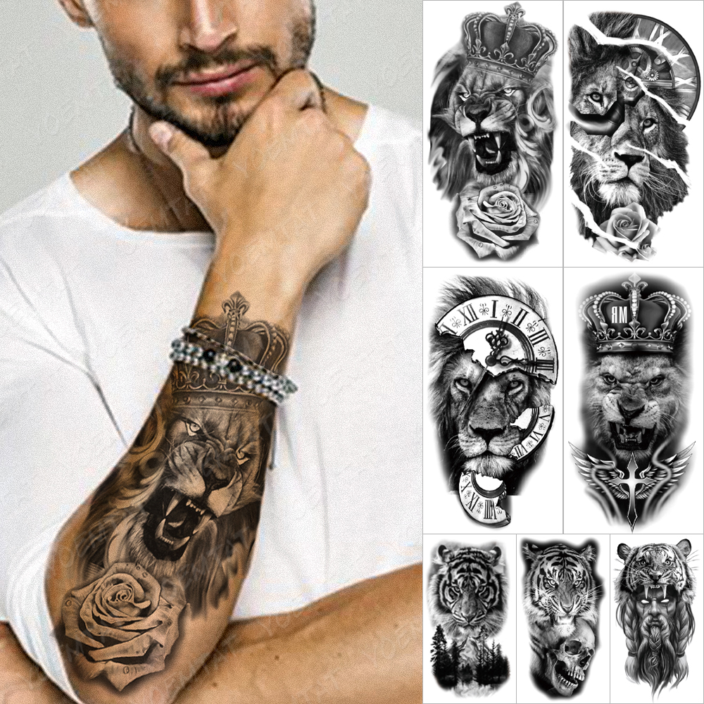 Tatuaje temporal a prueba de agua pegatina bosque León Tigre oso Flash tatuajes mujeres leopardo Lobo corona arte corporal brazo tatuaje falso hombres