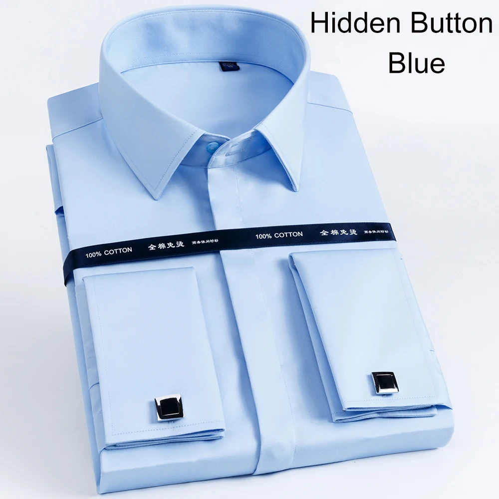 Camicie con bottoni con polsini francesi in cotone mercerizzato di lusso Camicia da smoking da uomo a maniche lunghe Camicia elegante di alta qualità con gemelli