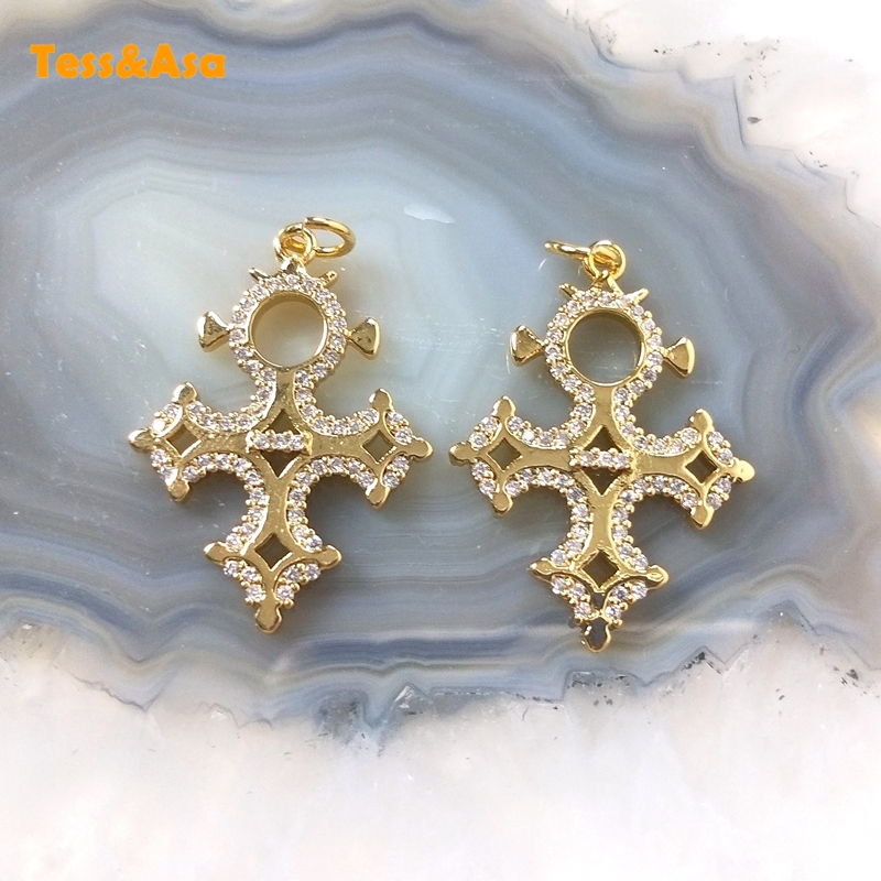 5 Buah Elegan Mode Salib Berlapis Emas Liontin Mikro CZ Diaspal untuk Anak Perempuan Wanita OL Buatan Tangan DIY Anting Kalung Pesta Pesona