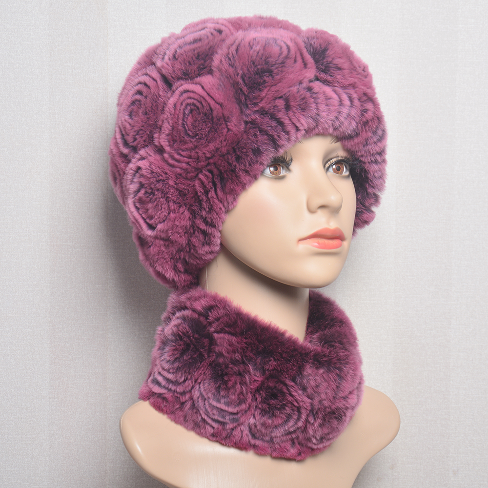 Gorro de piel de conejo Rex Natural para mujer, traje de bufanda de alta calidad, 100% piel auténtica, moda de invierno