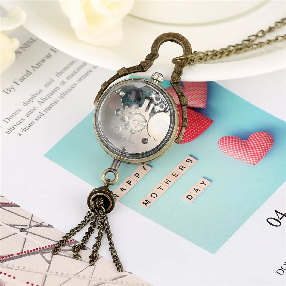 Transparent Ball Form Bronze Anhänger Tasche Uhren Retro Zubehör Fob Halskette Uhr Geschenke Unisex Römische Ziffer Analog Zifferblatt