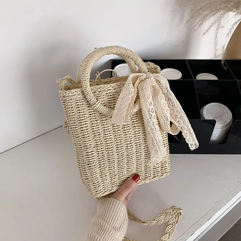 Summer Casual Small Bow Straw Shoulder Bags For Women Fashion Woven Beach Square Top-handle Handbags Ladies Daily Crossbody Bags