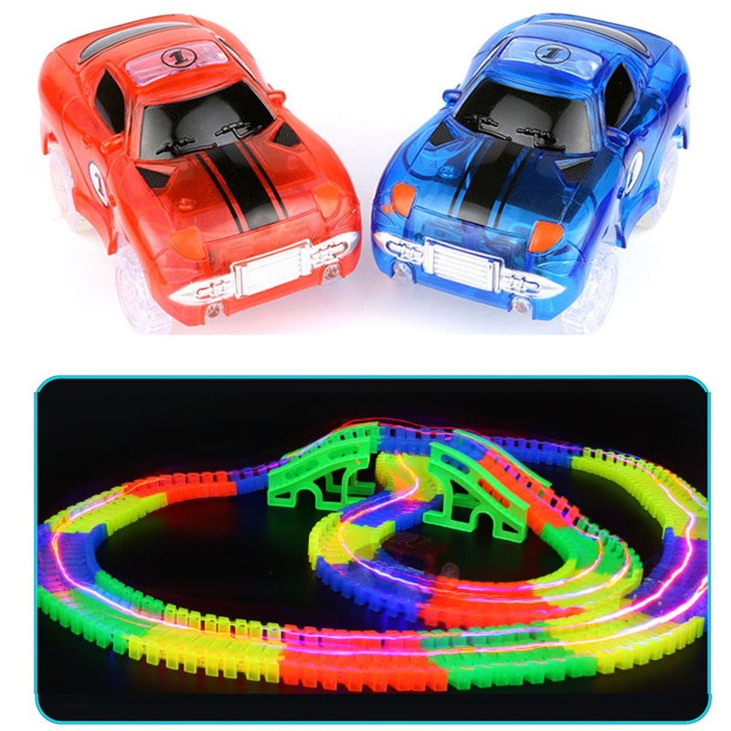 Coches de carreras electrónicos LED con luces intermitentes, pista Flexible, juguetes educativos para niños, regalos de cumpleaños