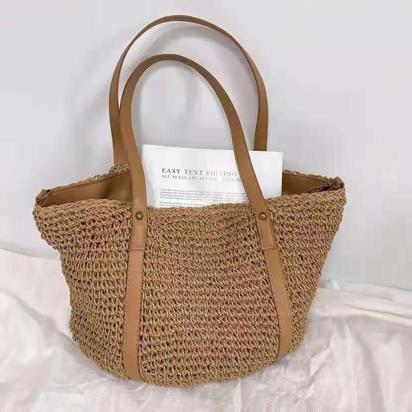 女性のための大容量ストローバッグ,手作りの手織りショルダーバッグ,紙,ビーチバッグ,大,ショッピング,2022