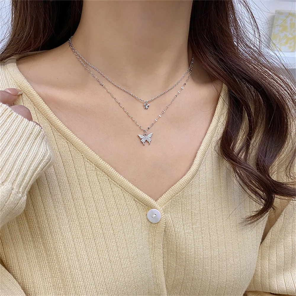 ใหม่เงาสร้อยคอผีเสื้อสุภาพสตรีประณีต Double Layer Clavicle CHAIN สร้อยคอเครื่องประดับสําหรับสุภาพสตรีของขวัญ