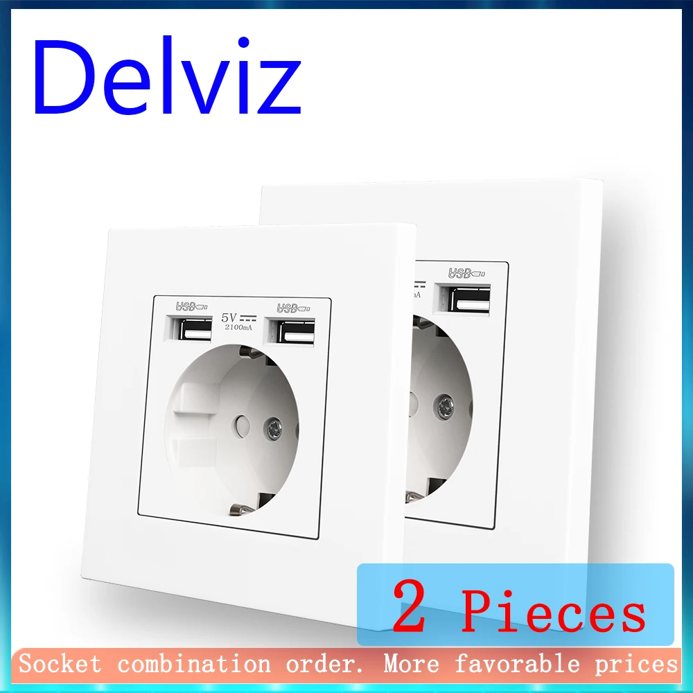 Delviz tomada de carregamento usb dupla, tomada de alimentação ac 110 ~ 250v, painel de material de pc branco, interface usb 2a, tomada de parede padrão da ue 16a