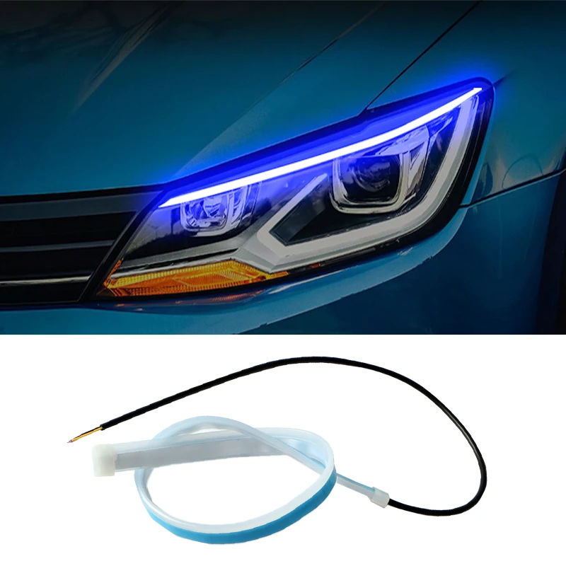 LED carro DRL luz diurna, tira impermeável flexível, faróis automáticos, branco turn signal, luzes amarelas fluxo de freio, 12V, 2pcs