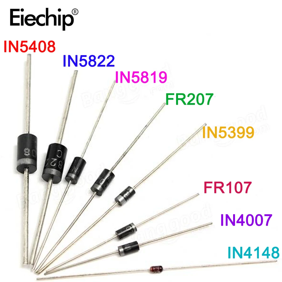 100 unids/lote conjunto de diodos rectificadores 1N4148 1N4007 1N5819 1N5399 1N5408 1N5822 FR107 FR207 componentes electrónicos kit surtido diy
