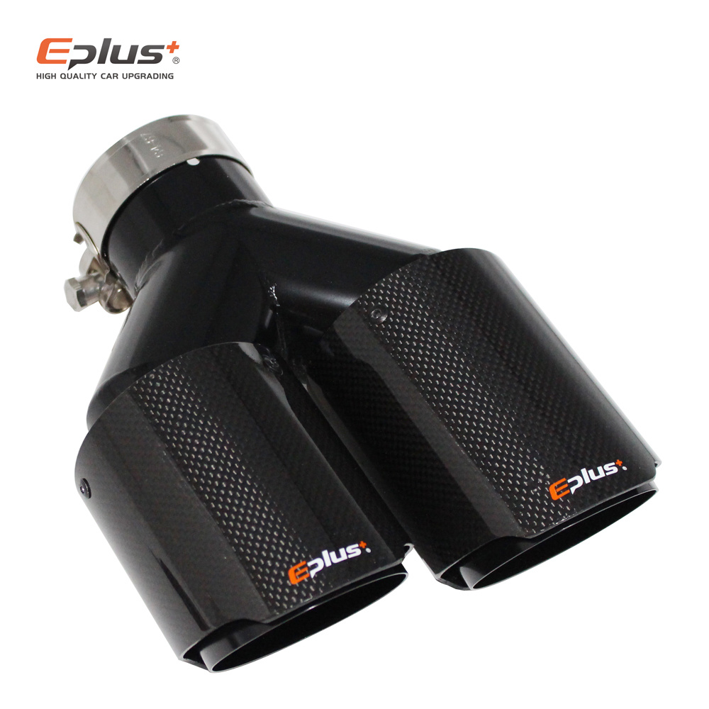 EPLUS Car Carbon Fiber Glossy Muffler Tip Y Shape Double Exit Exhaust Pipe Mufflers Nozzle Decoration Universal Stainless Black