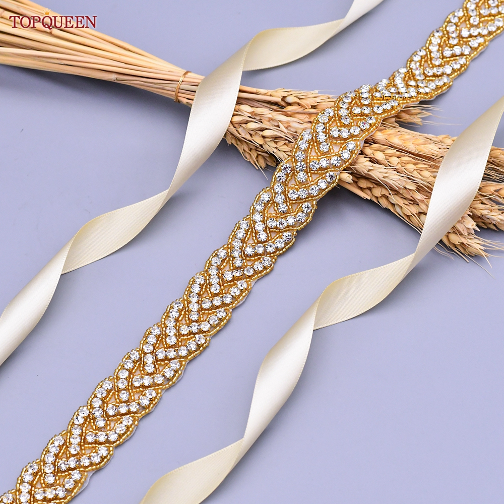 TOPQUEEN S216-G Golden Bridal Belt Full Rhinestones Women Sash  Luxury Designer Moroccan Wedding Waistband Shiny Jewel Applique