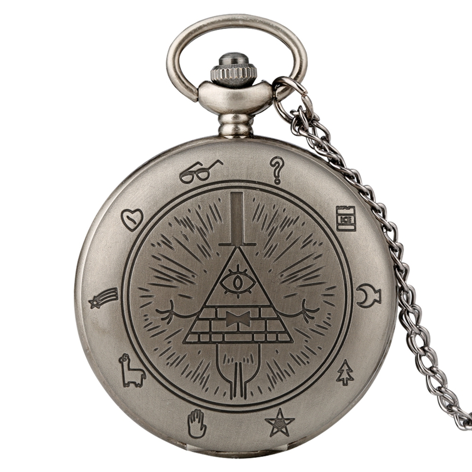 Gravity Fall Bill Cipher Time Gem Collar Reloj de bolsillo de cuarzo Estrraña ciudad Triángulo Diablo de un solo ojo Cadena colgante para hombres y mujeres