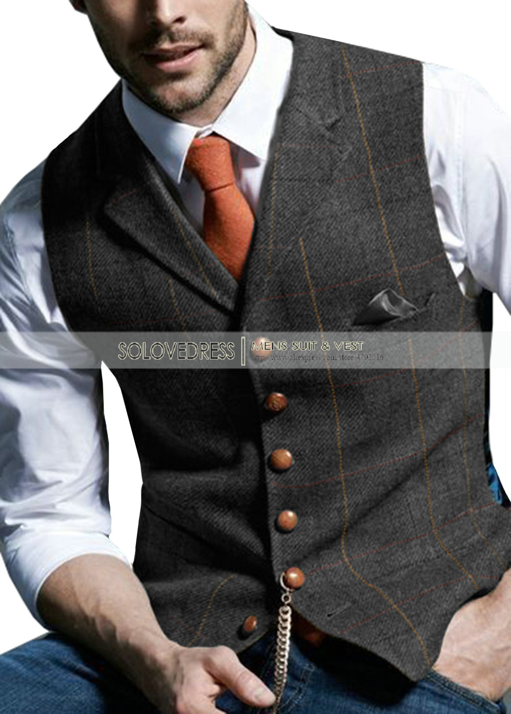 Nam Phù Hợp Với Áo Vest Kiểu Chữ V Kẻ Sọc Len Sừng Trâu Tweed Áo Cổ Công Việc Groomman Cho Đám Cưới Xanh Lá/Đen/Xanh /Xám