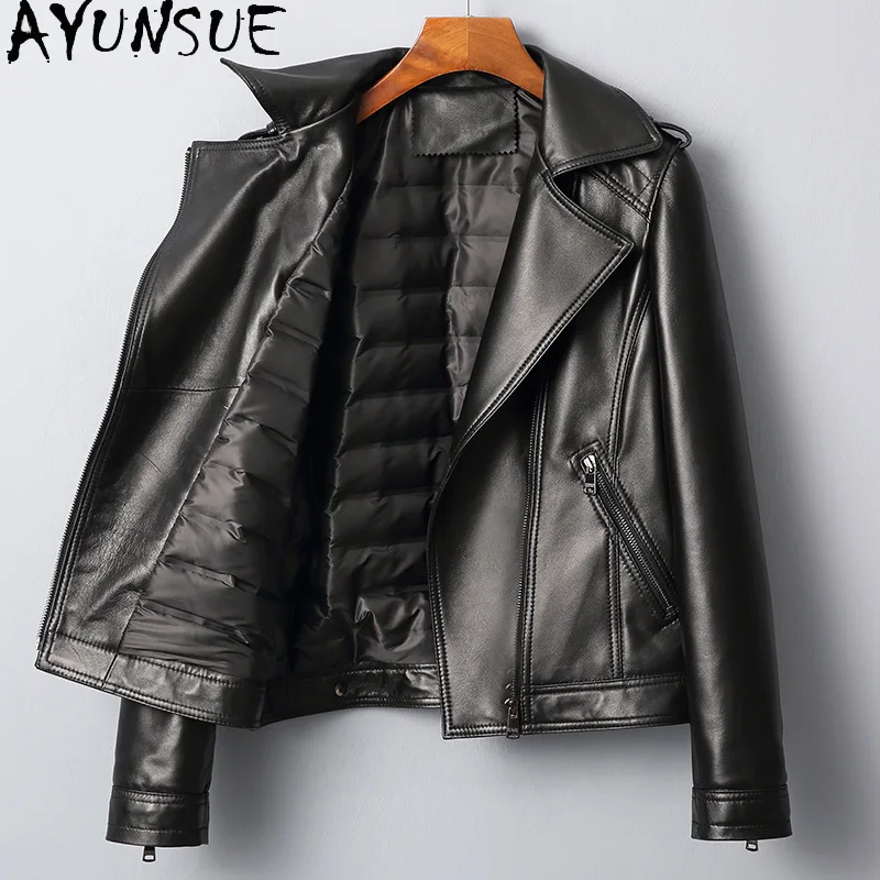 AYUNSUE จริง Sheepskin หญิงรถจักรยานยนต์ของแท้หนังผู้หญิง90% สีขาวเป็ดเสื้อเสื้อผ้า2021 Femme Veste