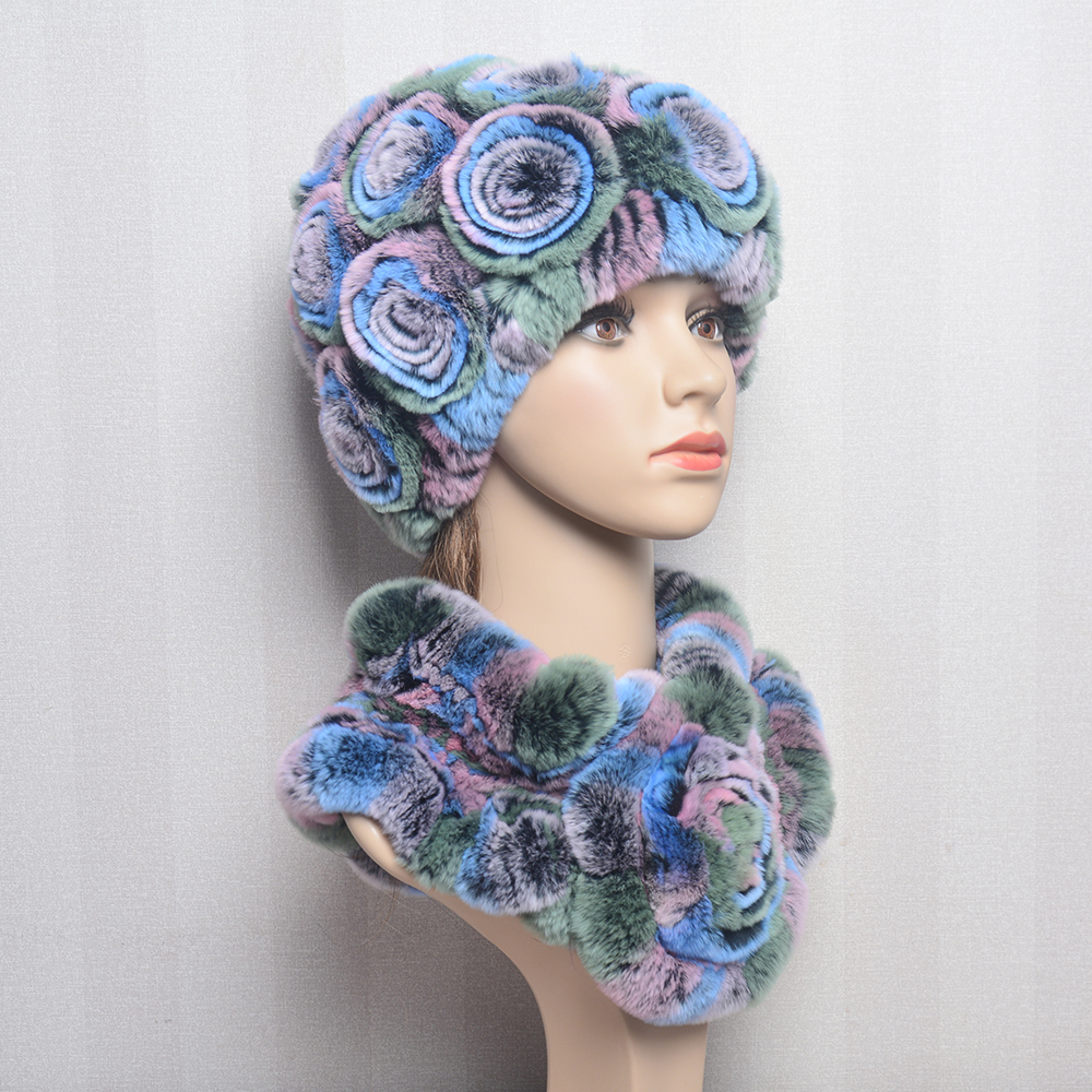 Conjunto de bufanda y sombrero de piel de conejo Rex Real para mujer, bufandas de piel de conejo Rex cálidas naturales, sombrero de Invierno para mujer