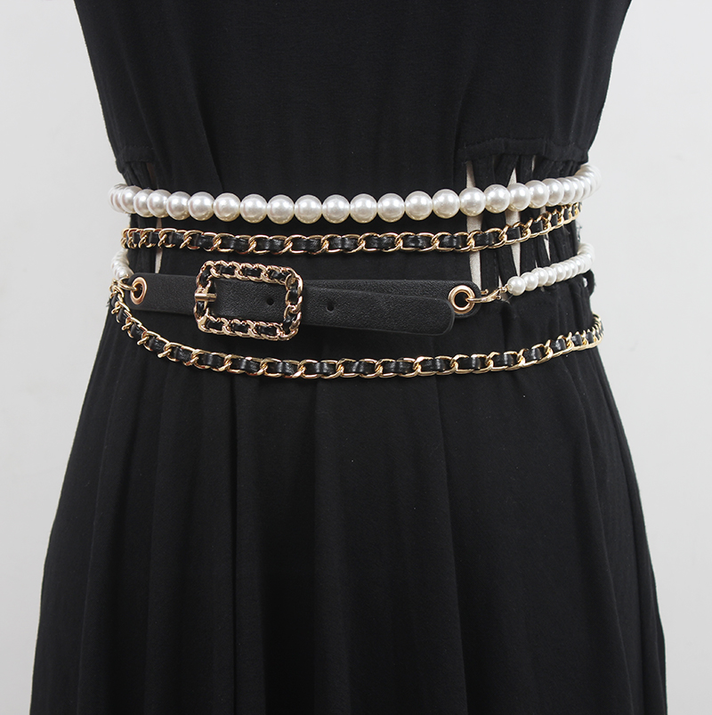 Faja de perlas con cadena de cuero pu a la moda de pasarela para mujer, vestido femenino, abrigo, corsés, cinturones, cinturón decorativo R3554