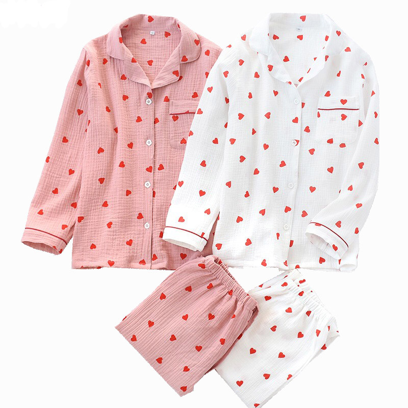 Conjunto de pijamas de primavera para mujer, pantalones de manga larga con cuello vuelto de gasa de doble capa de algodón crepé con estampado de corazón, ropa para el hogar