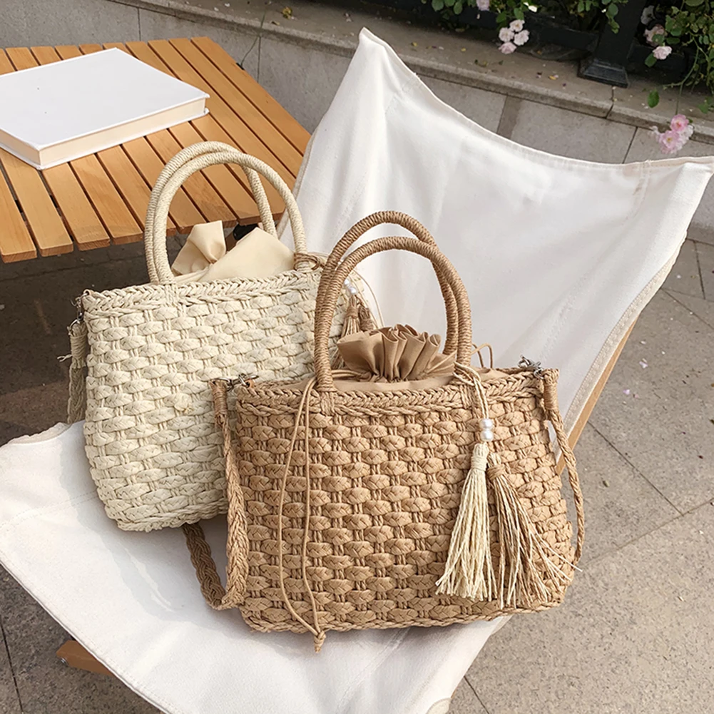 Novedad de verano, bolso de hombro tipo bandolera tejido a la moda para mujer, Color sólido, informal, para vacaciones en la playa, bolsos de mensajero de gran capacidad