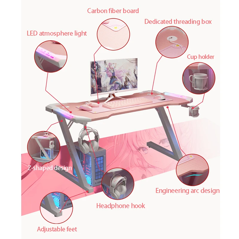 Mesa de streamer rosa mesa de computador de mesa âncora familiar combinação de mesa de jogo de menina fofa mesa resistente de alta qualidade