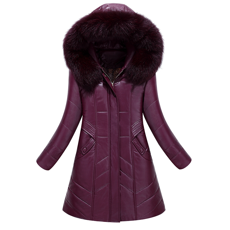 L-8XL Femmes Long Cuir Manteau Hiver 2025 Mode Mère Veste épaissir Chaud Vêtements d'extérieur Col de Fourrure à Capuche en Peau de Mouton Pardessus Femme Grande Taille