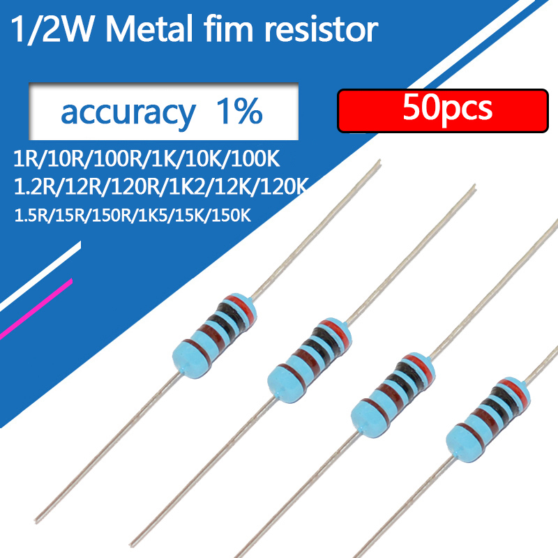 50 Uds 1/2W resistencia de película metálica 1 1,2 1,5 10 12 15 100 120 150 R K Ohm 1K2 1K5 1% 0,5 W resistencia de anillo de cinco colores 1K 10K 100K 10R