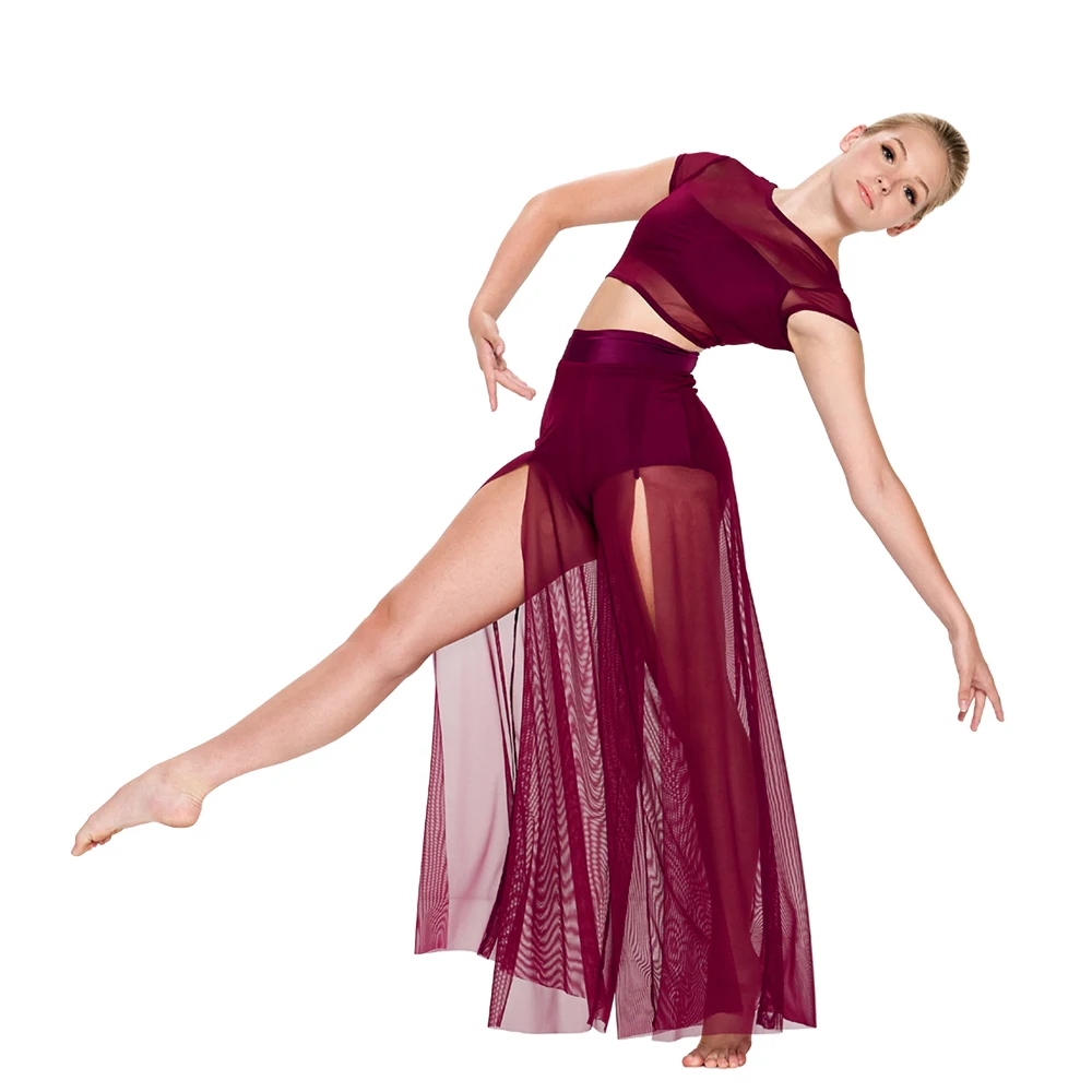Midee moderno Ballet dance women's mesh top wide leg pants with 2 Lyric tops BALLERINA GIRLS' stage set