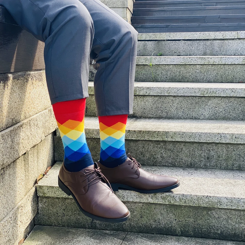 Calcetines para hombre, calcetines felices informales estándar, calcetines de algodón con patrón de diamantes de alta calidad, 10 colores, traje de pareja, calcetines de talla grande para hombre