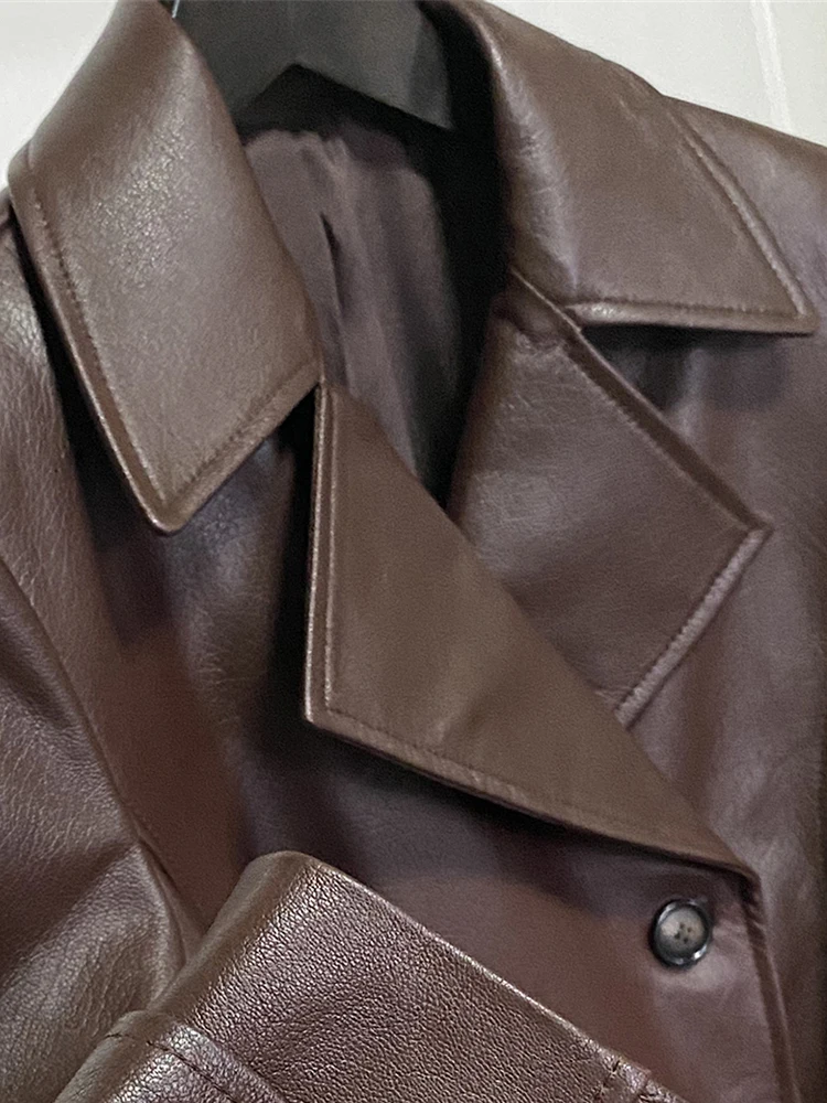 Lautaro 春秋ロングワインレッドソフトフェイクレザートレンチコート女性のためのベルトダブルブレスト高級エレガントなファッション 2022