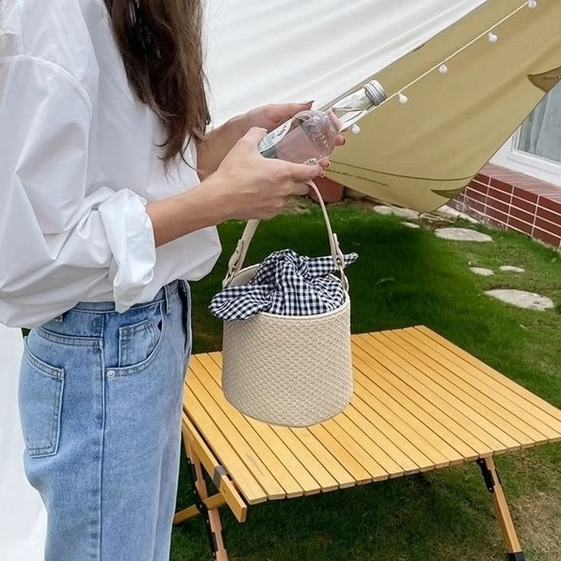 Geweven Tassen Vrouwen Boog Plaid String Cross-body Single-schouder Zomer Retro Stijlvolle Top-handvat Stro Emmer tas Ulzzang Picknick Ins