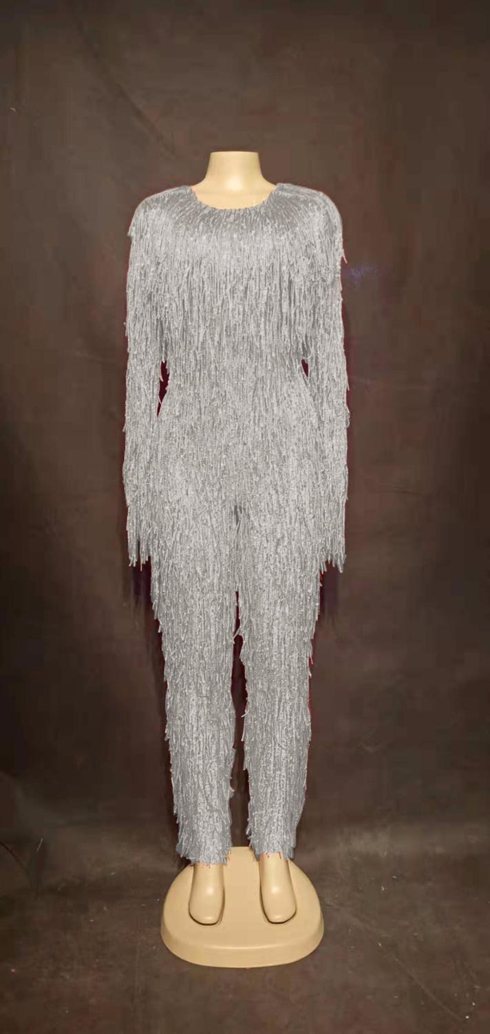 แฟชั่น Fringes หิน Jumpsuit Rhinestones เซ็กซี่บอดี้สูท Costum นักร้องเวทีสวมใส่วันเกิดฉลอง Tassels DS DJ ชุด