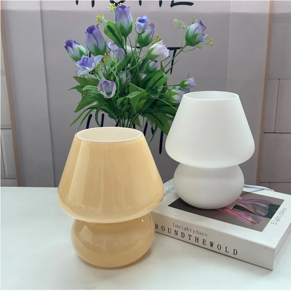 Glas-Pilz-Tischlampe für Raumdekoration, LED, E27, oder E14, mattiert oder gestreift, 3 Farben, USB, dimmbar, Vintage-Nachtlicht