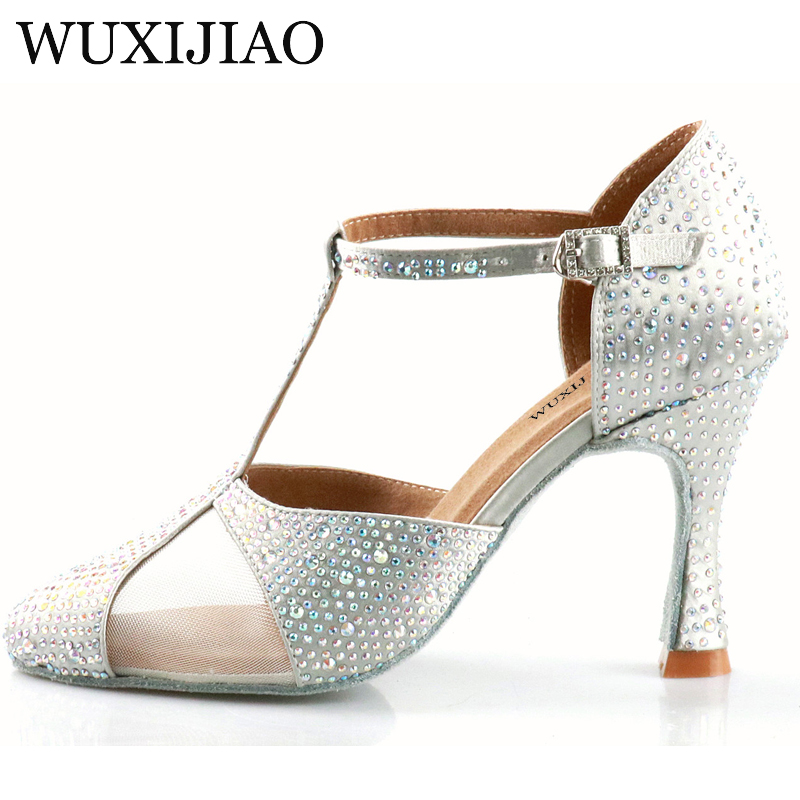Wuxijiao prata seda cetim strass sapatos de dança moderna sapatos de dança latina sapatos de casamento baotou strass designarty